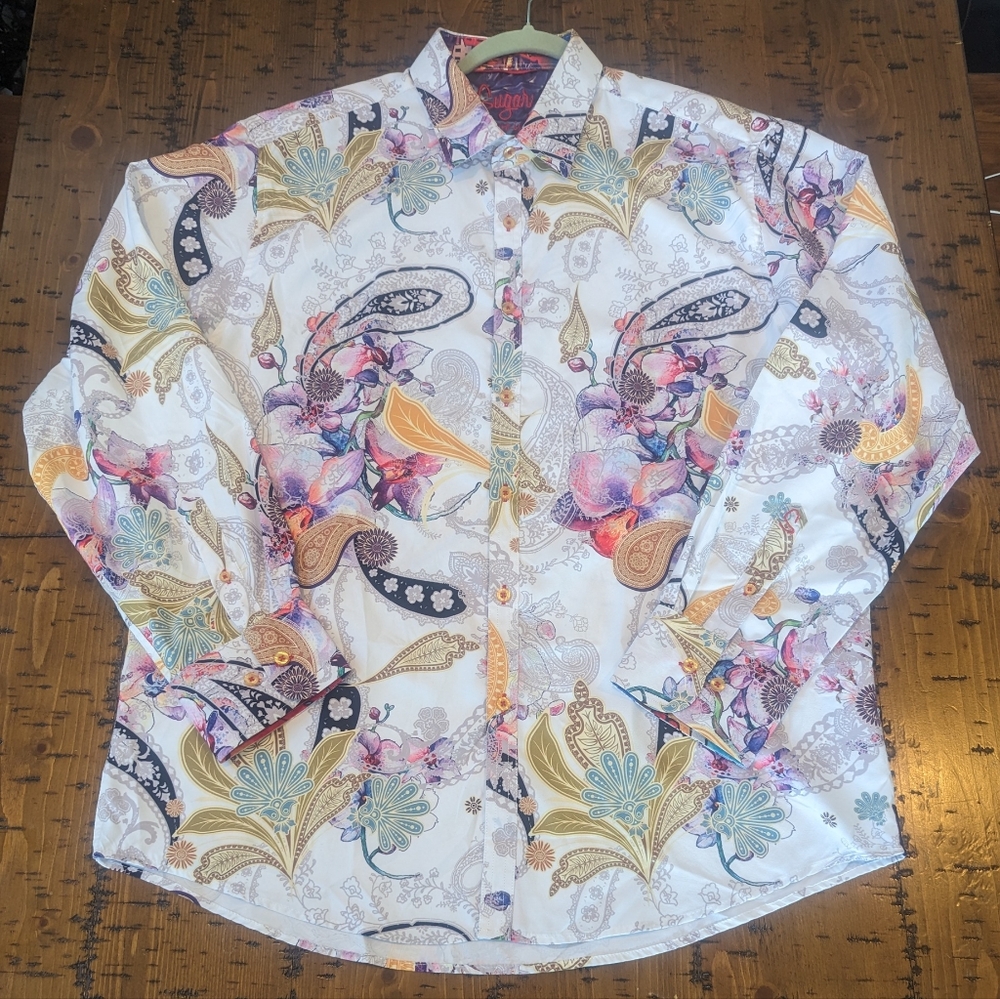 Sugar Floral Paisley Button-Down Shirt in White, Yellow, Blue, Purple, Pink